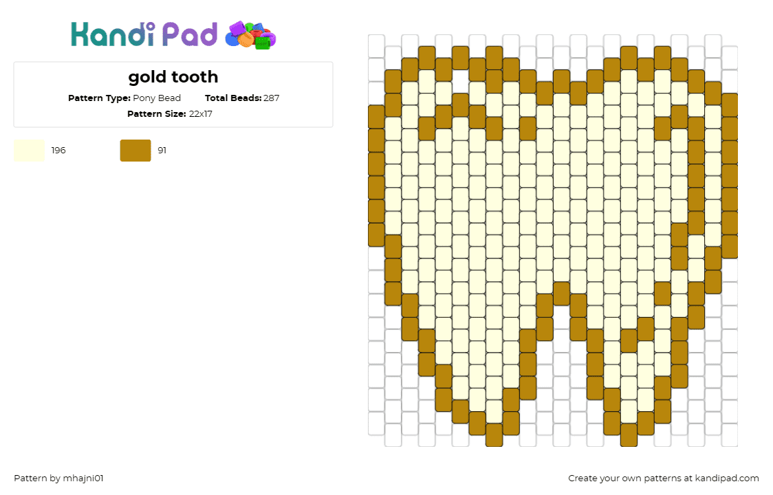 gold tooth - Pony Bead Pattern by mhajni01 on Kandi Pad - tooth,teeth,mouth,dentist,bone,yellow,beige