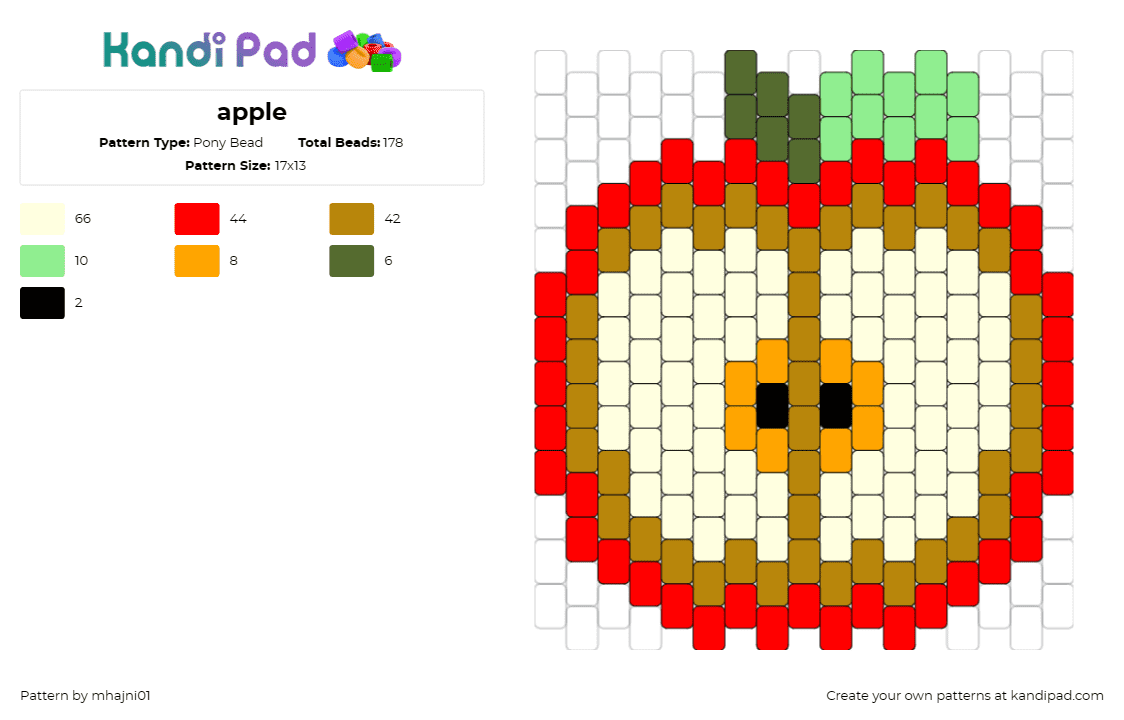 apple - Pony Bead Pattern by mhajni01 on Kandi Pad - apple,fruit,food,seeds,core,red,tan,yellow