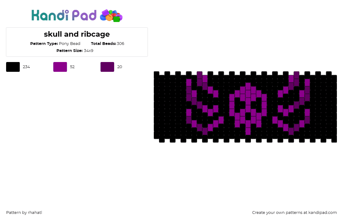 skull and ribcage - Pony Bead Pattern by rhahatl on Kandi Pad - skull,ribs,skeleton,spooky,dark,halloween,cuff,black,purple