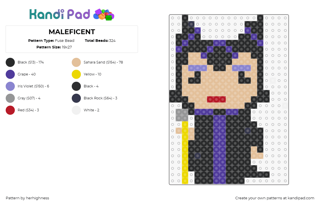 MALEFICENT - Fuse Bead Pattern by herhighness on Kandi Pad - maleficent,disney,magic,character,movie,black,purple,tan