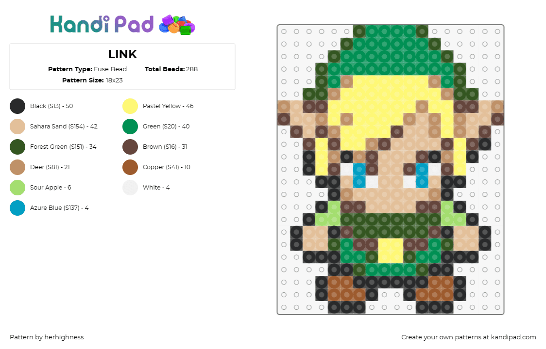 LINK - Fuse Bead Pattern by herhighness on Kandi Pad - link,legend of zelda,character,video game,adventure,blonde,green,tan,yellow