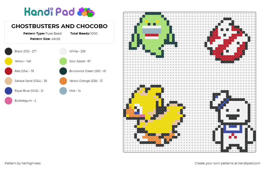 GHOSTBUSTERS AND CHOCOBO - Fuse Bead Pattern by herhighness on Kandi Pad - slimer,chocobo,stay puft marshmallow man,ghostbusters,final fantasy,movie,video 