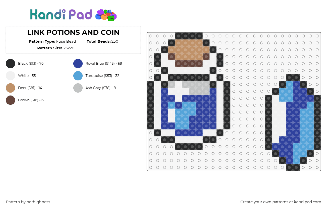 LINK POTIONS AND COIN - Fuse Bead Pattern by herhighness on Kandi Pad - potion,rupee,legend of zelda,gem,jar,video game,blue