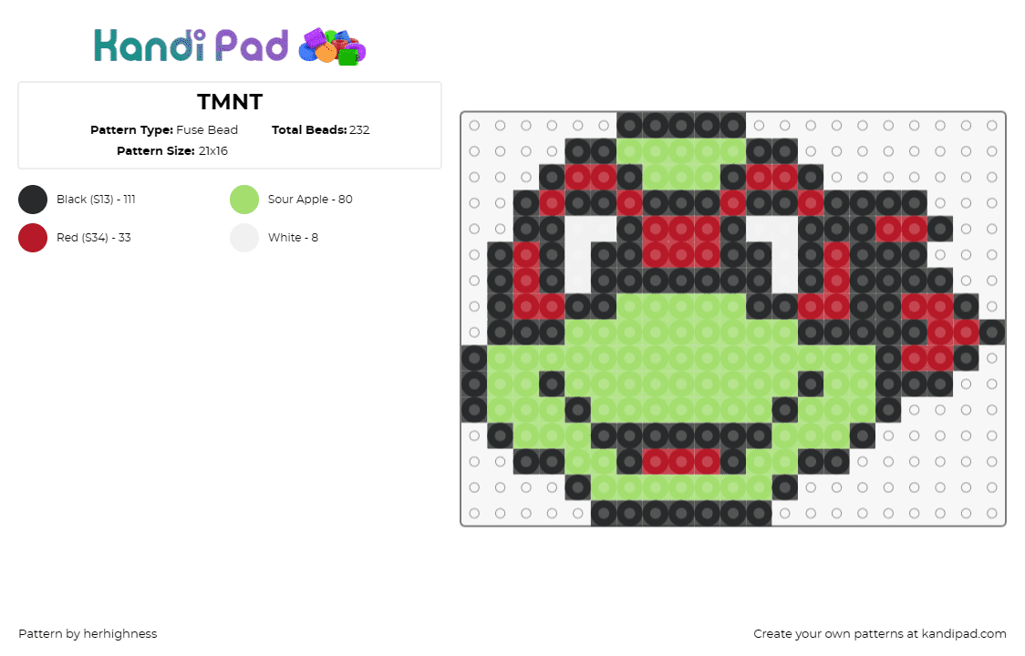 TMNT - Fuse Bead Pattern by herhighness on Kandi Pad - raphael,tmnt,teenage mutant ninja turtles,character,karate,cartoon,tv show,anima