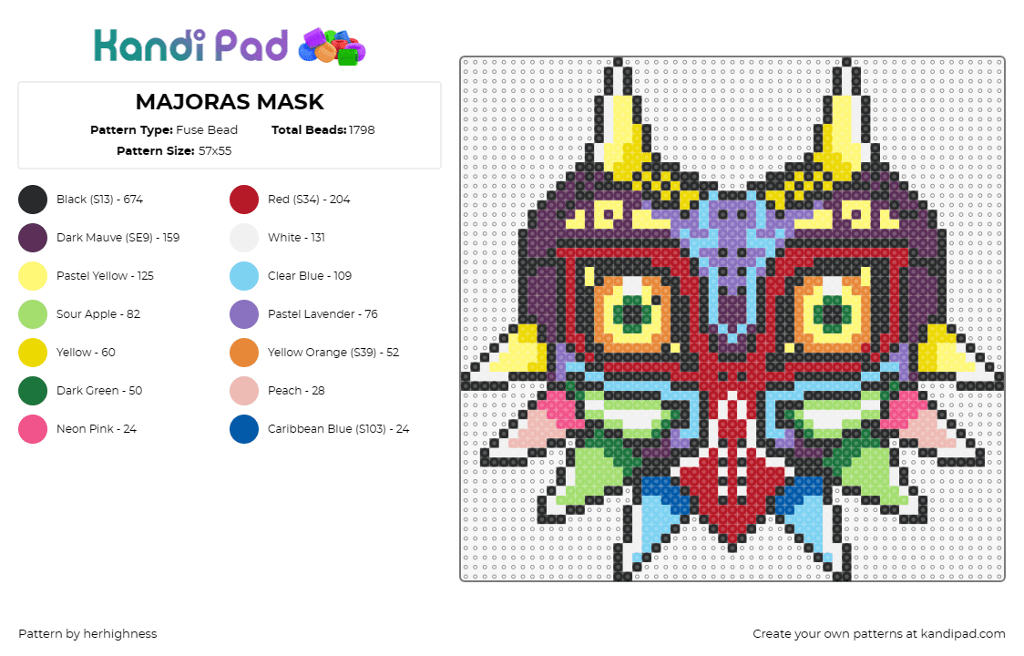 MAJORAS MASK - Fuse Bead Pattern by herhighness on Kandi Pad - majoras mask,legend of zelda,eyes,colorful,horns,video game,red,purple,yellow