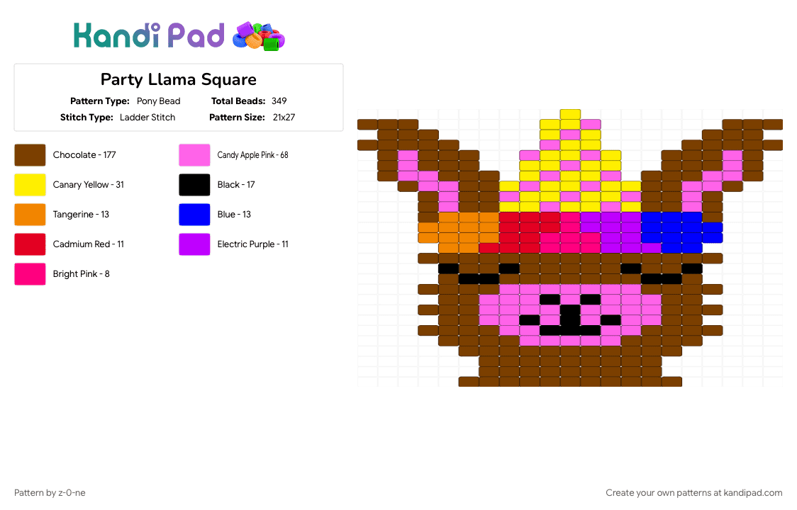Party Llama Square - Pony Bead Pattern by z-0-ne on Kandi Pad - 