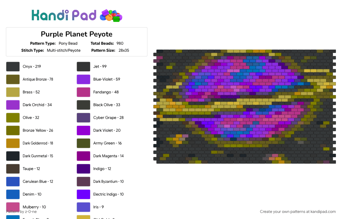 Purple Planet Peyote - Pony Bead Pattern by z-0-ne on Kandi Pad - colorful, extraterrestrial, outer space, peyote, planet, pony bead, space, tapestry