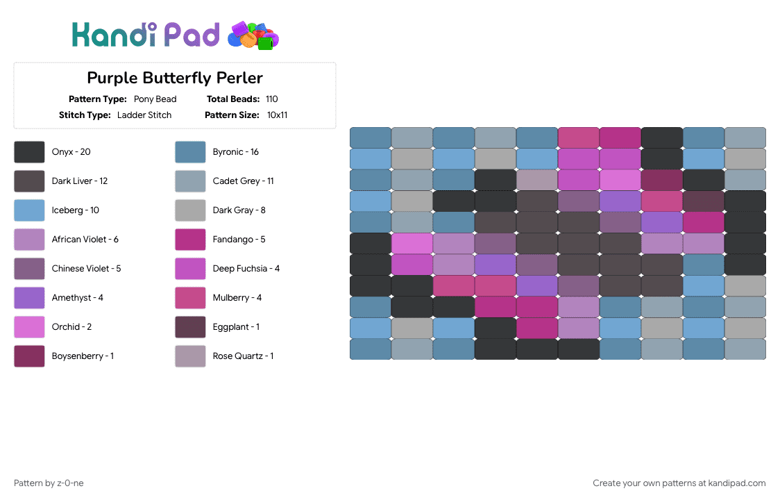Purple Butterfly Square - Pony Bead Pattern by z-0-ne on Kandi Pad - butterfly, insect, nature, pony beads, square, tapestry, winged
