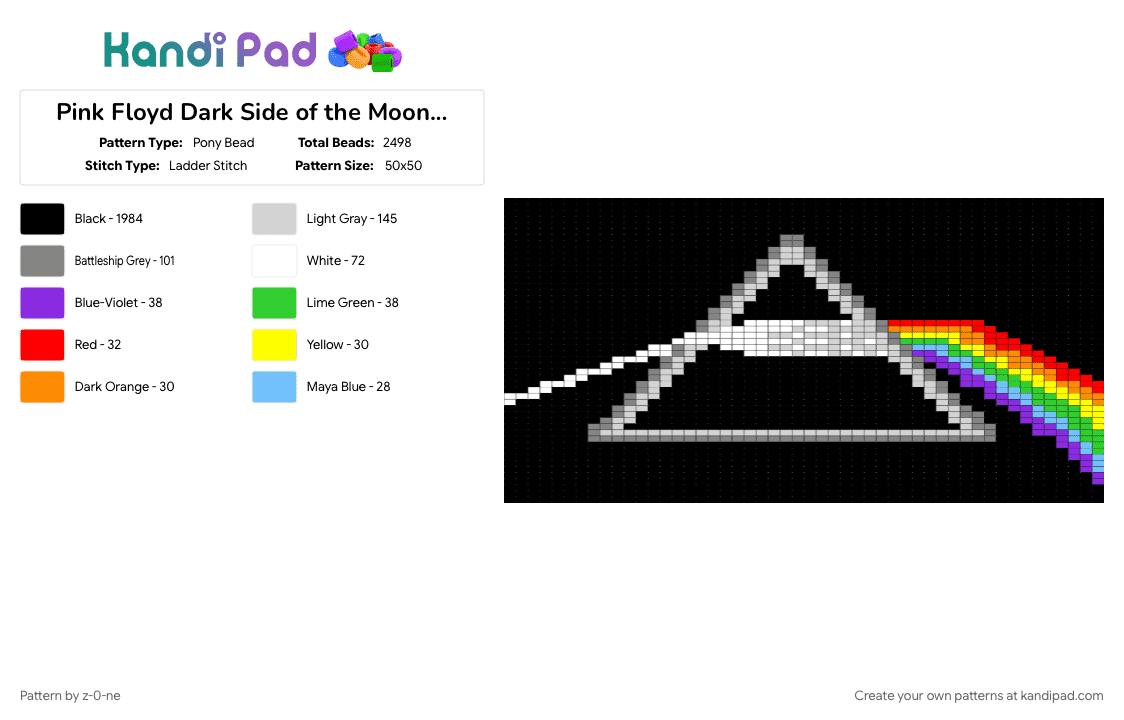 Pink Floyd Dark Side of the Moon Square - Pony Bead Pattern by z-0-ne on Kandi Pad - black, dark side of the moon, gray, loom, music, pink floyd, square, square stitch, tapestry, white