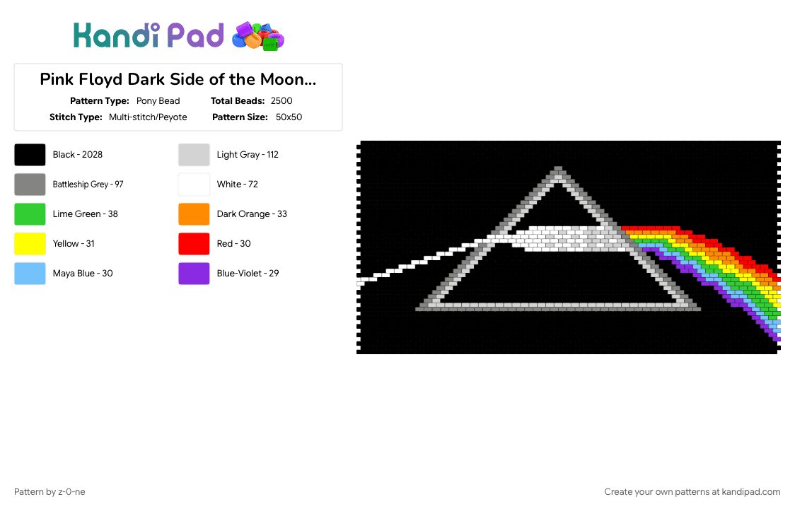 Pink Floyd Dark Side of the Moon Peyote - Pony Bead Pattern by z-0-ne on Kandi Pad - black, dark side of the moon, gray, green, kandipatterns, peyote, peyote stitch, pink floyd, pony bead tapestry, tapestry, white