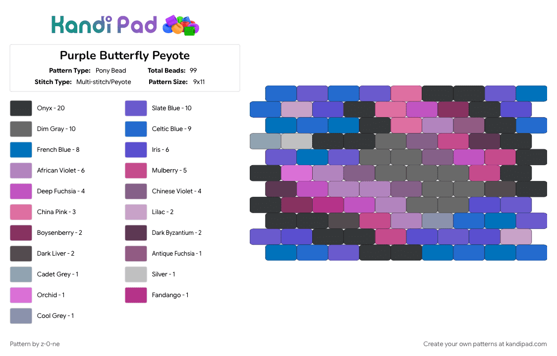 Purple Butterfly Peyote - Pony Bead Pattern by z-0-ne on Kandi Pad - butterfly, insect, nature, peyote, winged