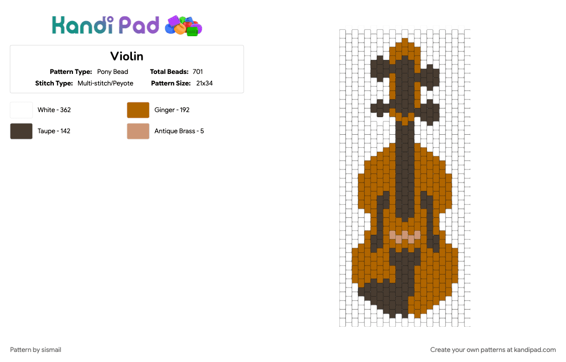 Violin - Pony Bead Pattern by sismail on Kandi Pad - brown, cotdviolins, tan, white