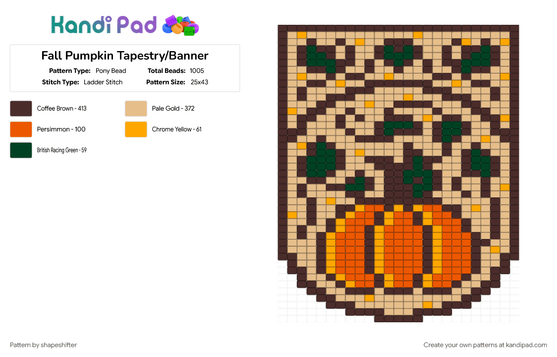 Fall Pumpkin Tapestry/Banner - Pony Bead Pattern by shapeshifter on Kandi Pad - autumn, banner, beige, brown, fall, halloween, leaf, pumpkin, spooky, tapestry
