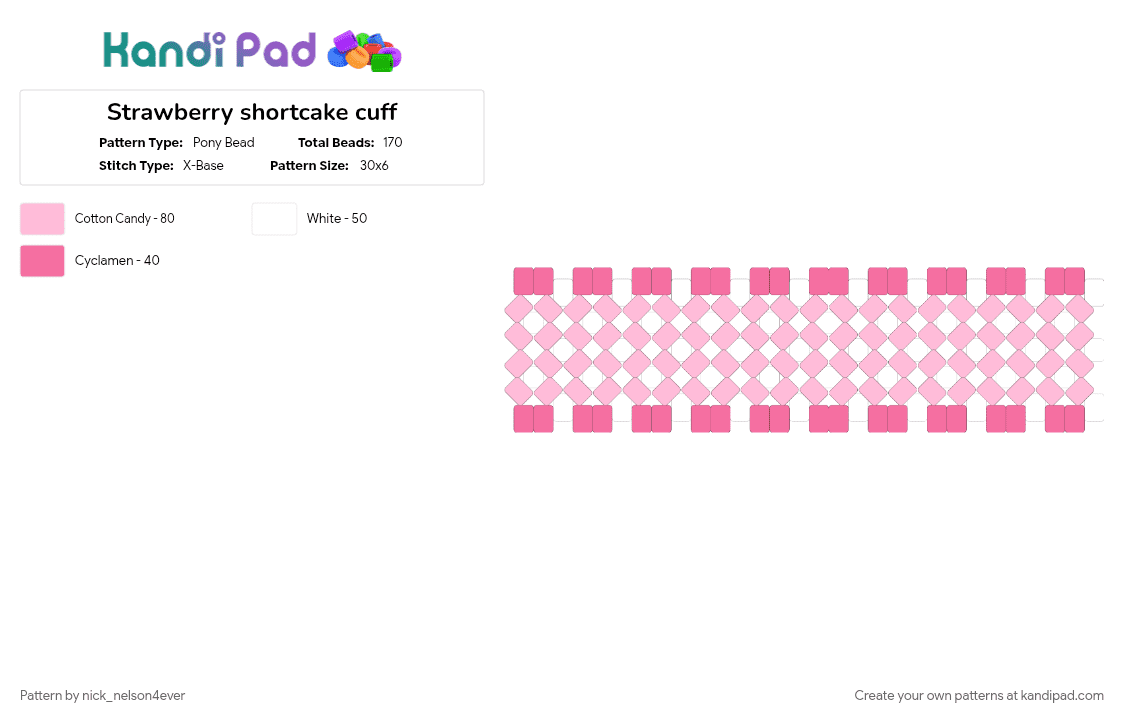 Strawberry shortcake cuff - Pony Bead Pattern by nick_nelson4ever on Kandi Pad - cotdoldschoolcartoons, pink, white