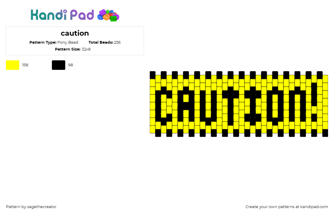 caution - Pony Bead Pattern by sagethecreator on Kandi Pad - caution,text,warning,tape,cuff,alert,yellow,black