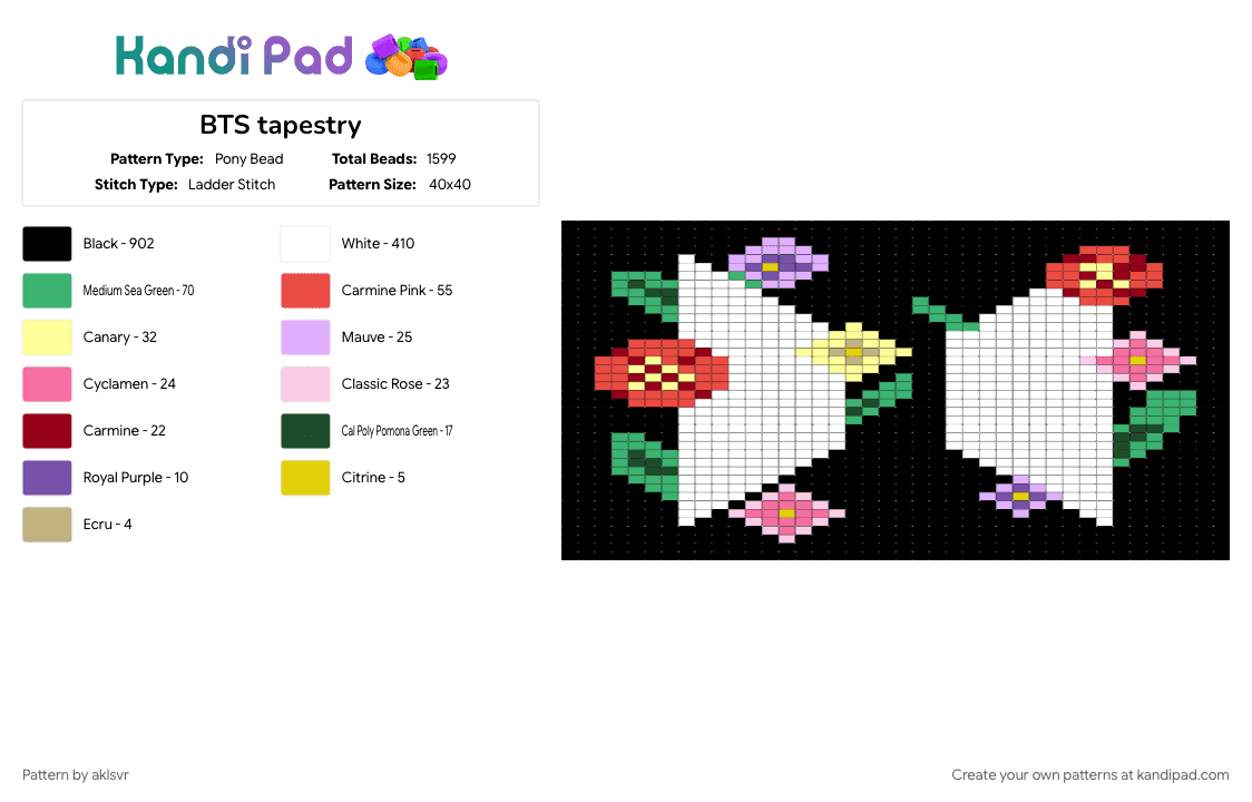 BTS tapestry - Pony Bead Pattern by aklsvr on Kandi Pad - black, colorful, green, pink, red, white