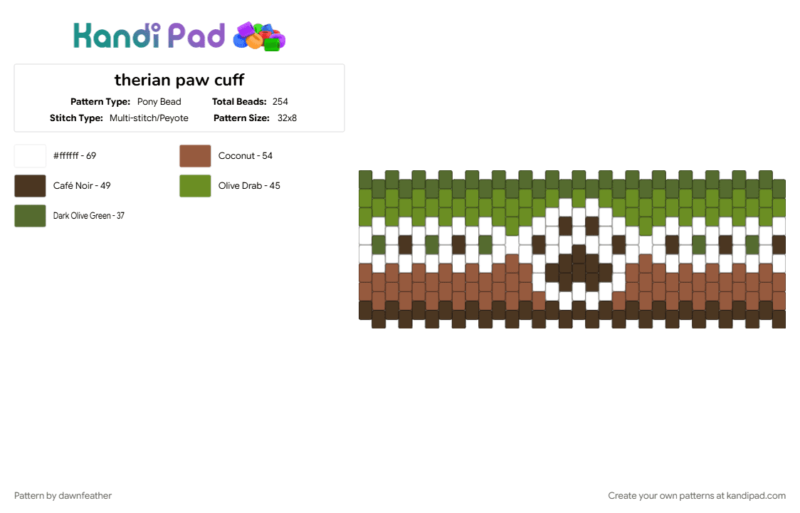 therian paw cuff - Pony Bead Pattern by dawnfeather on Kandi Pad - animal, brown, green, tan, therian