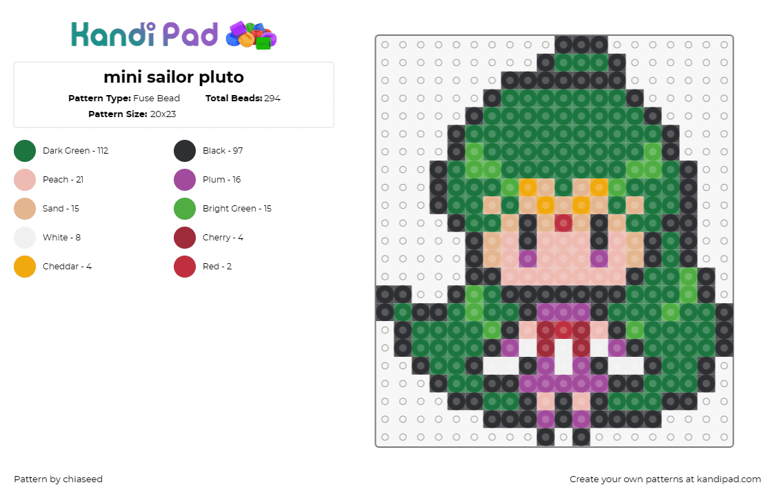 mini sailor pluto - Fuse Bead Pattern by chiaseed on Kandi Pad - sailor pluto,chibi,character,anime,sailor moon,tv show,tan,green,pink