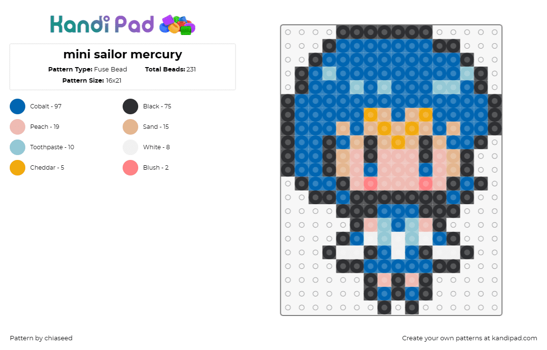 mini sailor mercury - Fuse Bead Pattern by chiaseed on Kandi Pad - sailor mercury,chibi,character,anime,sailor moon,tv show,tan,blue