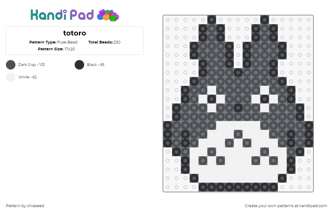 totoro - Fuse Bead Pattern by chiaseed on Kandi Pad - my neighbor totoro,ghibli,chibi,anime,movie,character,white,gray