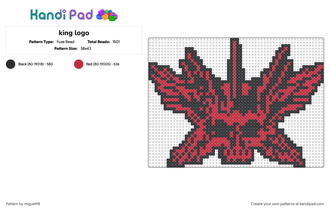 king logo - Fuse Bead Pattern by miguel98 on Kandi Pad - black, music, red