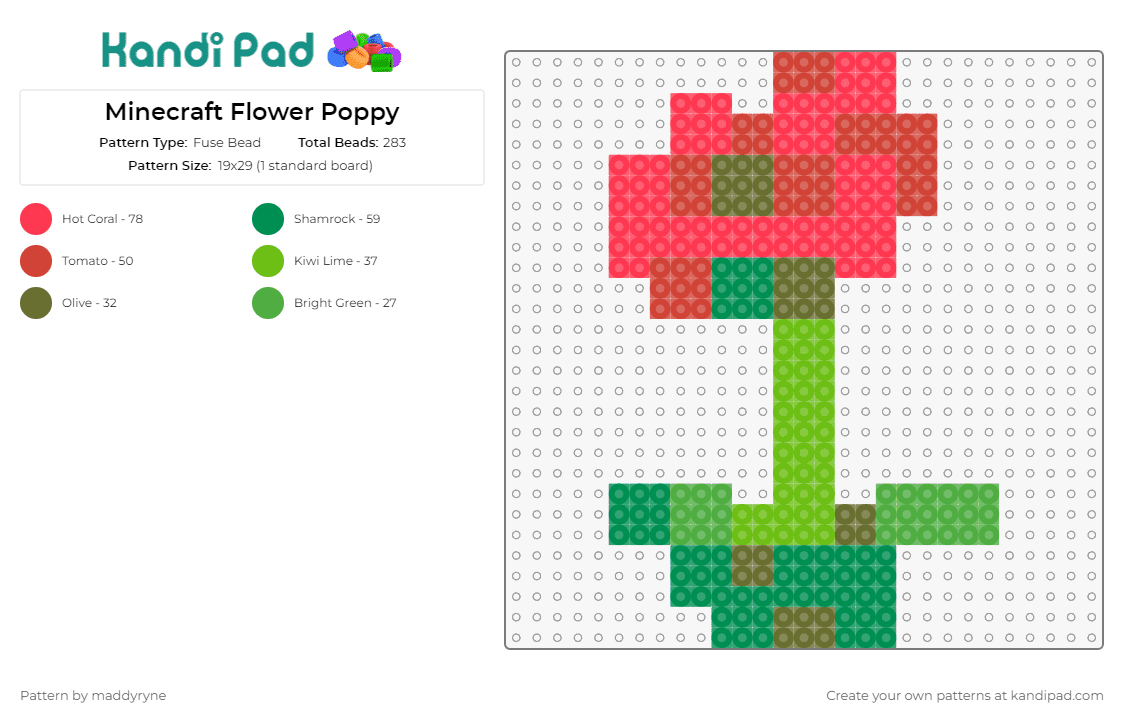 Minecraft Flower Poppy - Fuse Bead Pattern by maddyryne on Kandi Pad - minecraft,flower,poppy,video games