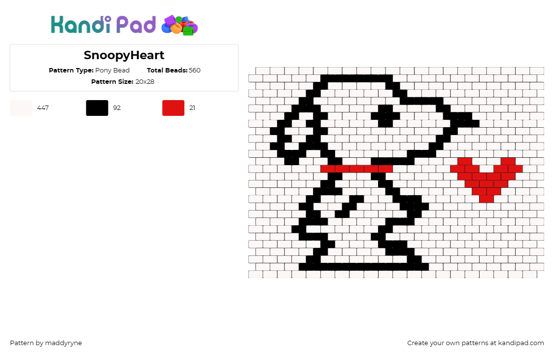 SnoopyHeart - Pony Bead Pattern by maddyryne on Kandi Pad - snoopy,peanuts,charlie brown,character,heart,dog,animal,outline,white,red