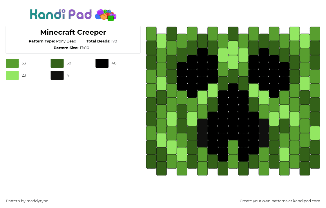 Minecraft Creeper - Pony Bead Pattern by maddyryne on Kandi Pad - creeper,minecraft,video game,spooky,character,zombie,face,green,black