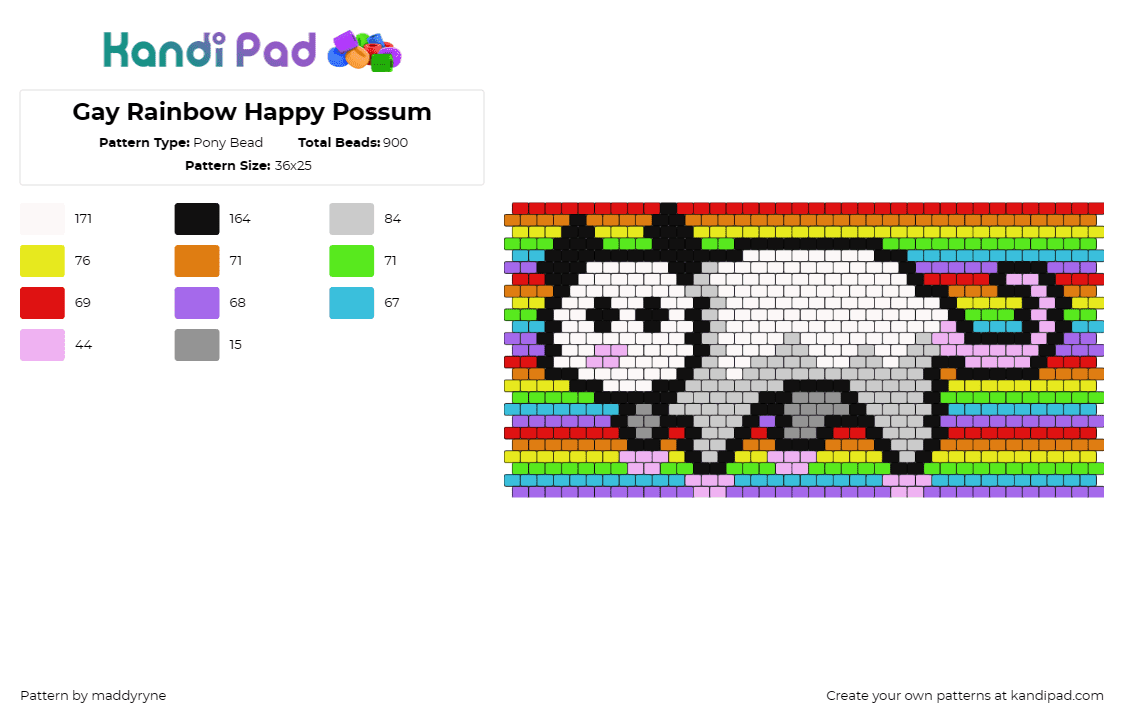 Gay Rainbow Happy Possum - Pony Bead Pattern by maddyryne on Kandi Pad - opossum,marsupial,animal,rainbow,gay,pride,colorful,white,gray