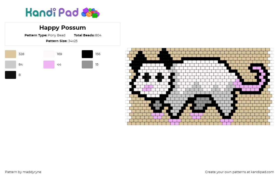 Happy Possum - Pony Bead Pattern by maddyryne on Kandi Pad - opossum,marsupial,animal,white,gray,tan