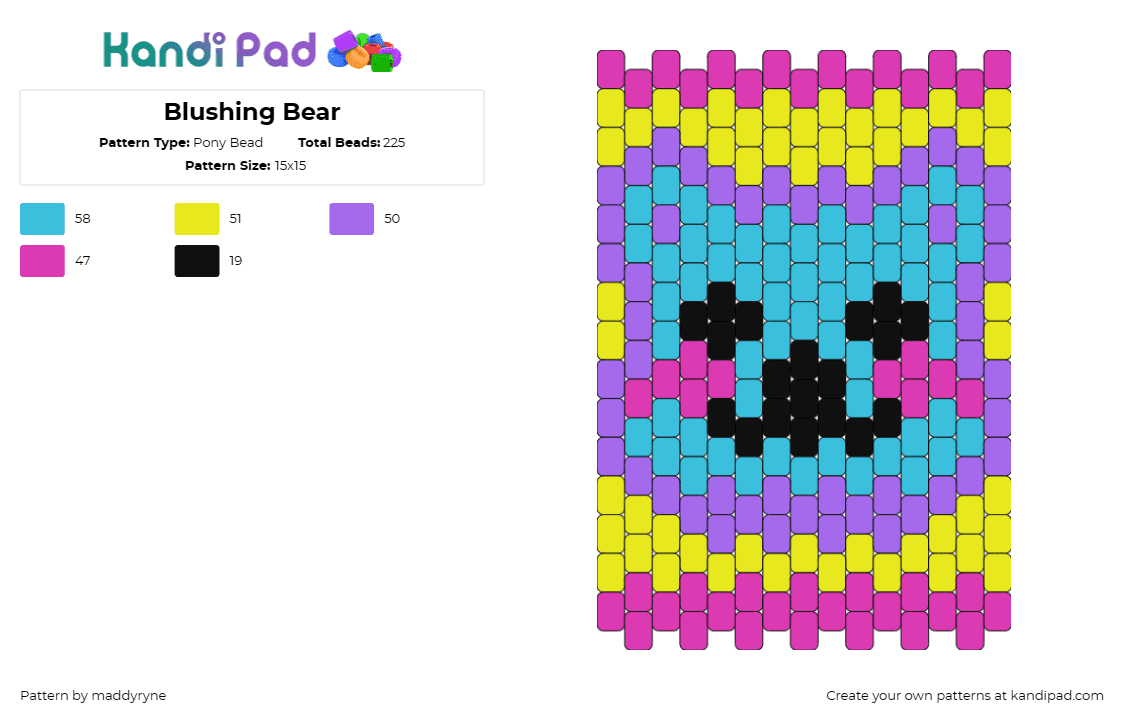 Blushing Bear - Pony Bead Pattern by maddyryne on Kandi Pad - bear,teddy,cute,animal,colorful,bright,panel,teal,purple,yellow,pink