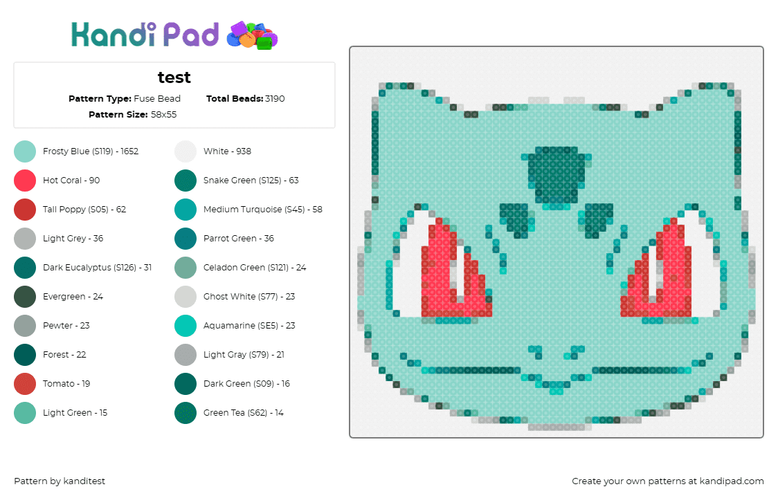 test - Fuse Bead Pattern by kanditest on Kandi Pad - bulbasaur,pokemon,character,eyes,cute,teal,green