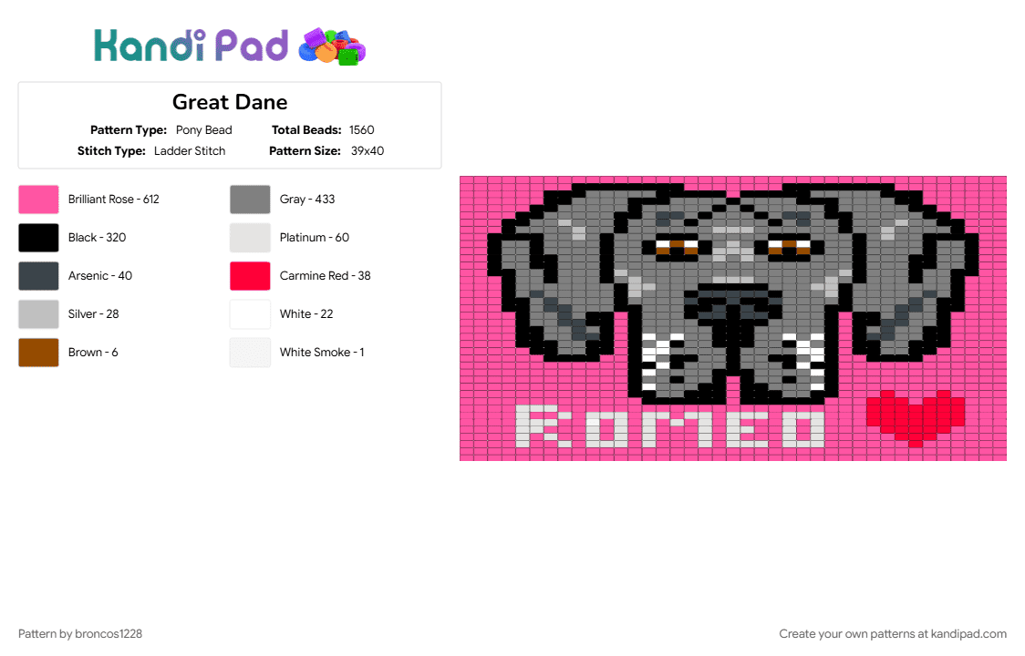 Great Dane - Pony Bead Pattern by broncos1228 on Kandi Pad - gray, great dane, pink