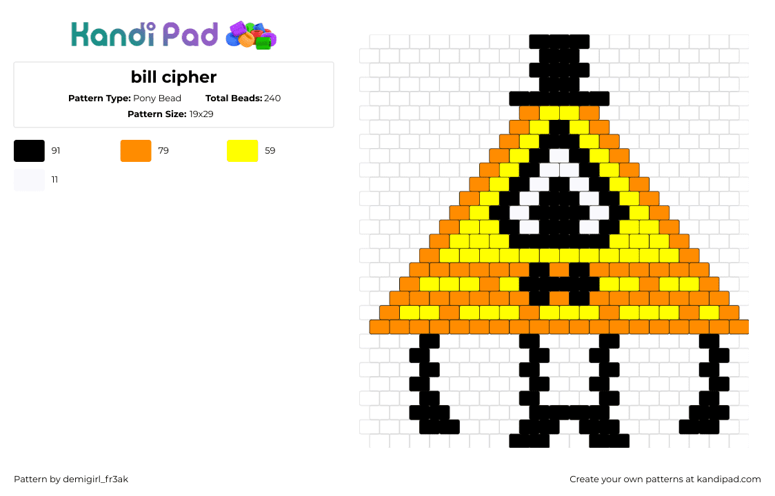 bill cipher - Pony Bead Pattern by demigirl_fr3ak on Kandi Pad - bill cipher,gravity falls,character,triangle,pyramid,top hat,cyclops,cartoon,tv show,yellow,orange,black