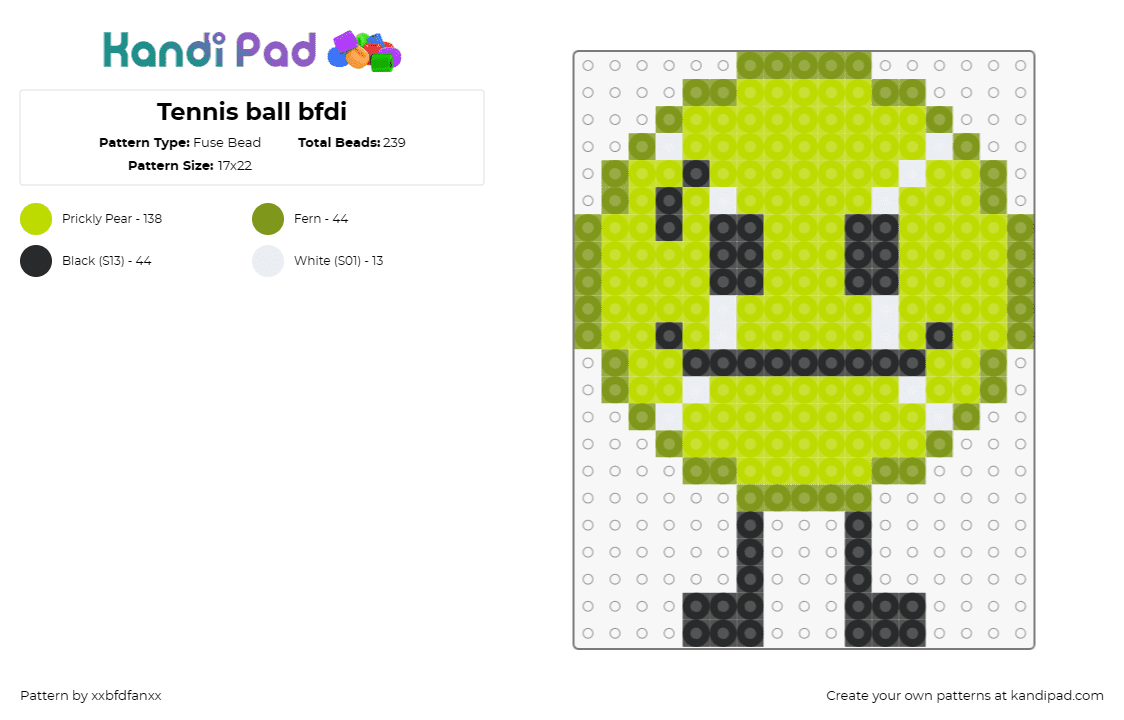 Tennis ball bfdi - Fuse Bead Pattern by xxbfdfanxx on Kandi Pad - tennis ball,bfdi,battle for dream island,character,face,smile,tv show,green