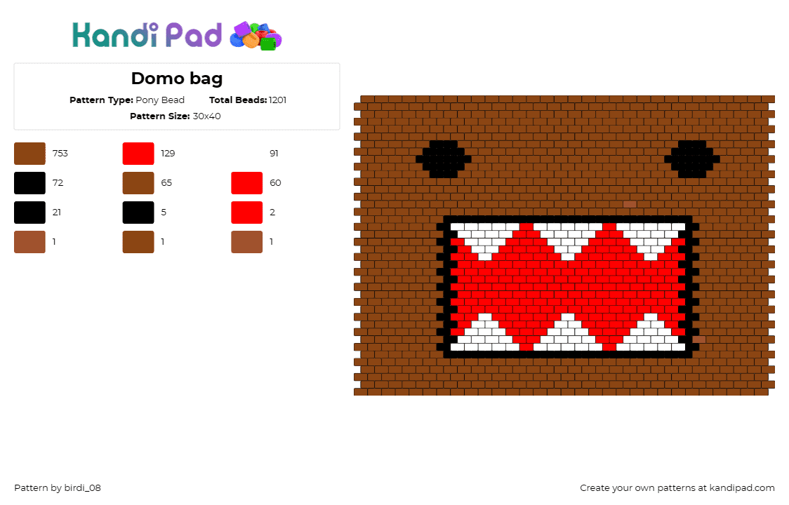 Domo bag - Pony Bead Pattern by birdi_08 on Kandi Pad - domo,teeth,kawaii,character,bag,panel,cute,brown,red