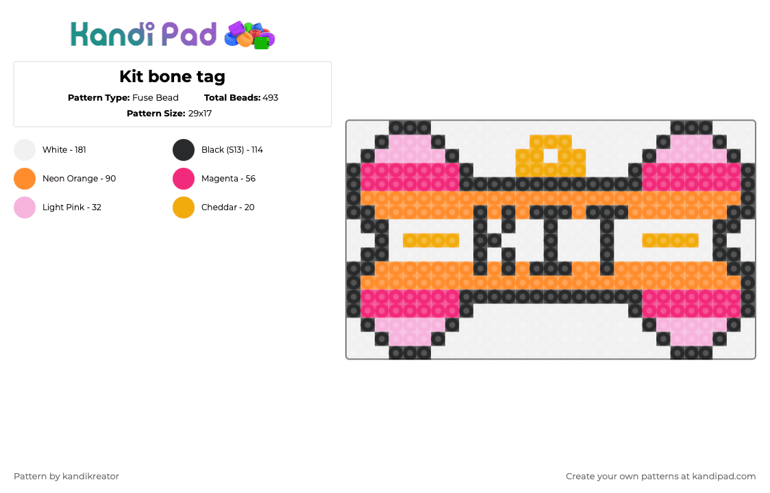 Kit bone tag - Fuse Bead Pattern by kandikreator on Kandi Pad - pink,orange,bone,tag,kit