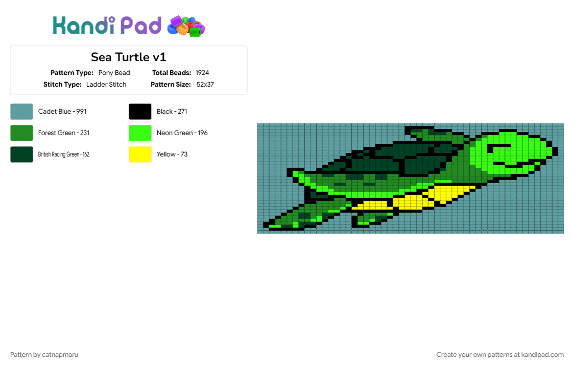 Sea Turtle v1 - Pony Bead Pattern by catnapmaru on Kandi Pad - teal