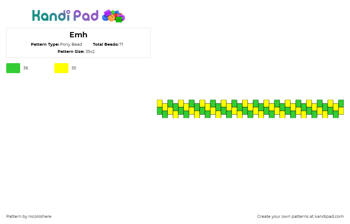 Emh - Pony Bead Pattern by nicoliishere on Kandi Pad - diagonal,stripes,simple,bracelet,cuff,green,yellow