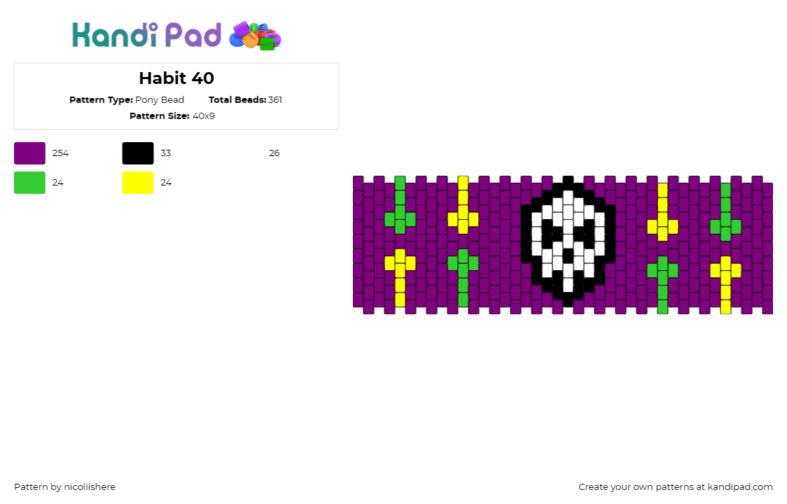 Habit 40 - Pony Bead Pattern by nicoliishere on Kandi Pad - skull,cross,bones,cuff,colorful,halloween,spooky,purple,white,yellow,green