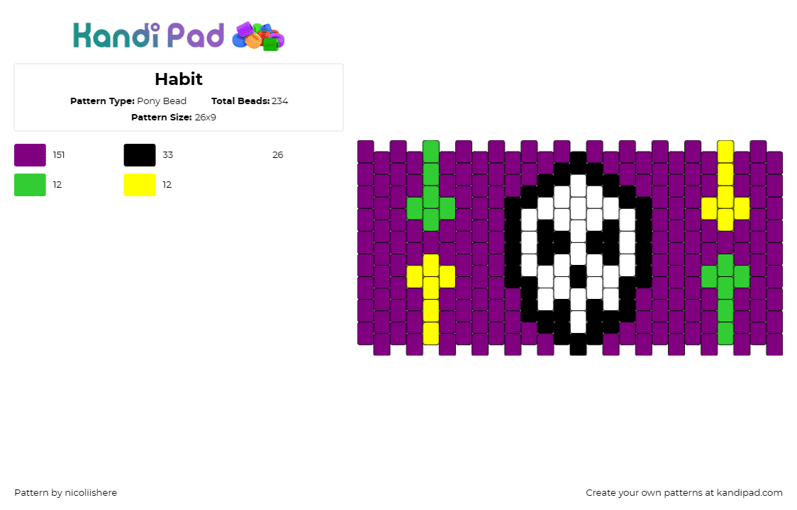 Habit - Pony Bead Pattern by nicoliishere on Kandi Pad - skull,cross,bones,cuff,colorful,halloween,spooky,purple,white,yellow,green