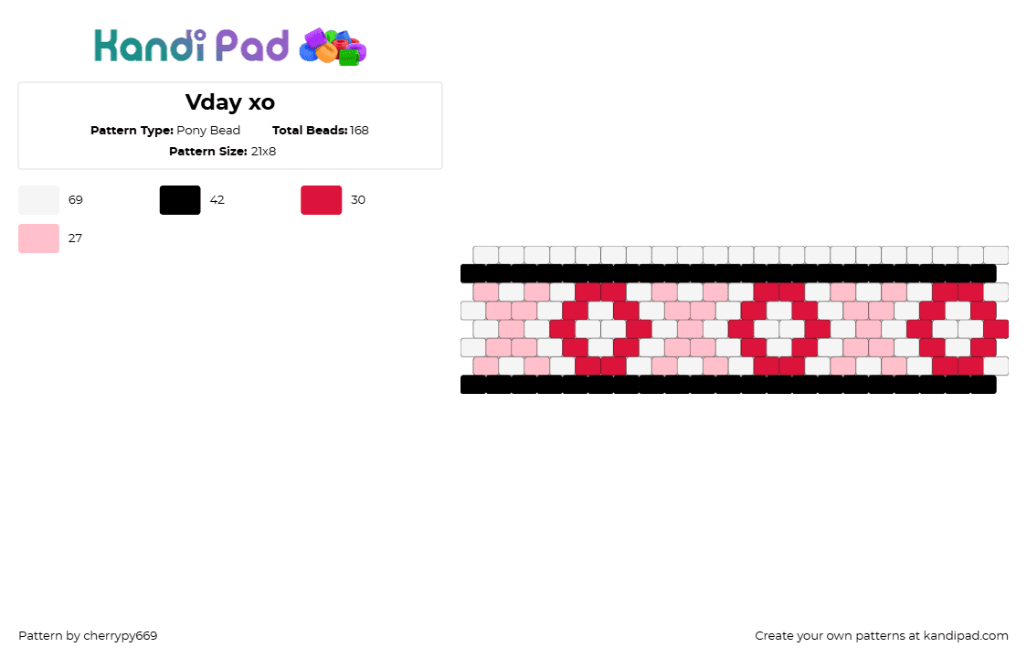 Vday xo - Pony Bead Pattern by cherrypy669 on Kandi Pad - valentines,xoxoxo,hugs and kisses,love,cuff,white,red,pink