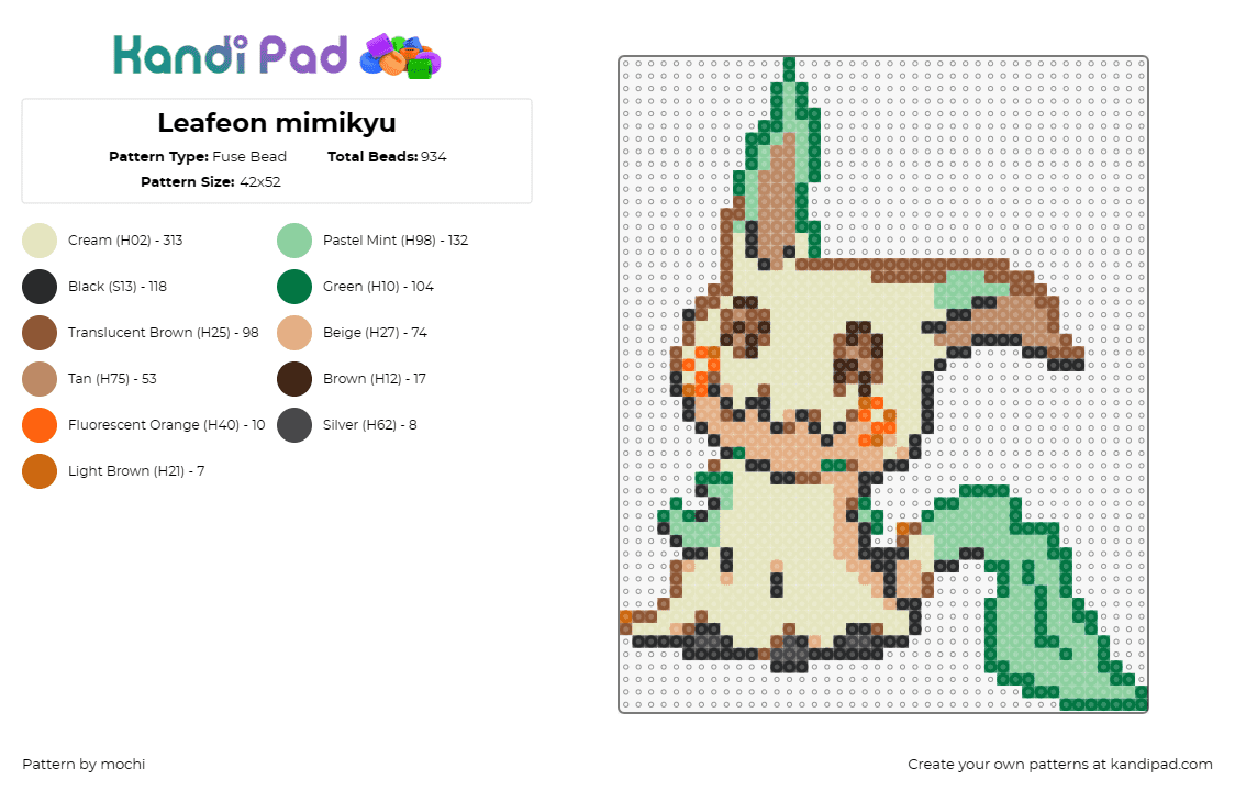 Leafeon mimikyu - Fuse Bead Pattern by mochi on Kandi Pad - mimikyu,leafeon,pokemon,mashup,character,gaming,cute,spooky,beige,green