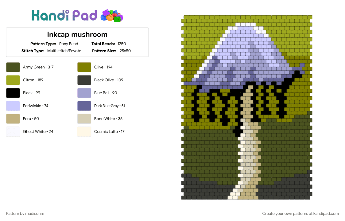 Inkcap mushroom - Pony Bead Pattern by madisonm on Kandi Pad - cotdmushrooms, gold, green, ink, mushroom, nature, pink, tan