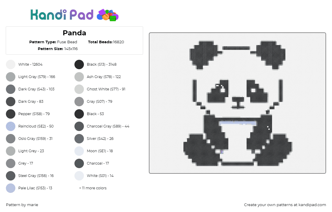 Panda - Fuse Bead Pattern by marie on Kandi Pad - panda,bear,animal,cute,teddy,black,white