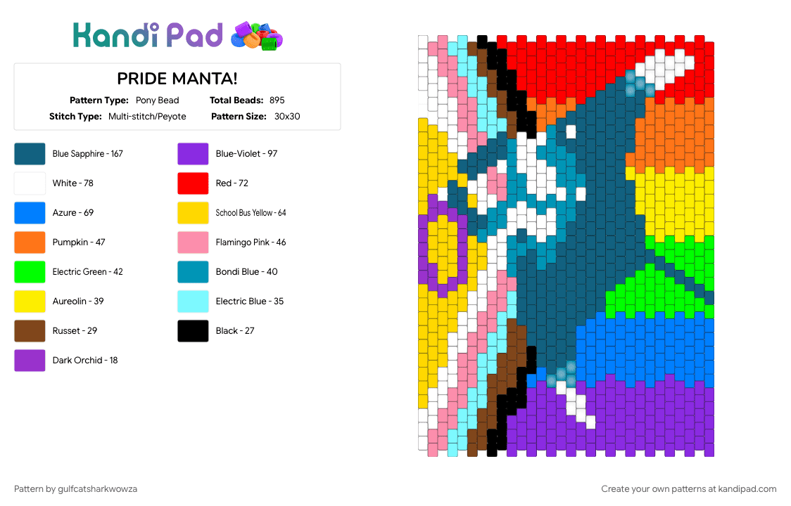 PRIDE MANTA! - Pony Bead Pattern by th1s-sharks-last-liver on Kandi Pad - blue, light blue, purple, yellow