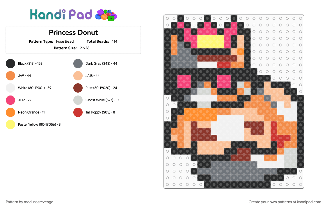 Princess Donut - Fuse Bead Pattern by medusasrevenge on Kandi Pad - beige, character, dcc, dungeon crawler carl, fusebead, gray, orange, princess donut, red