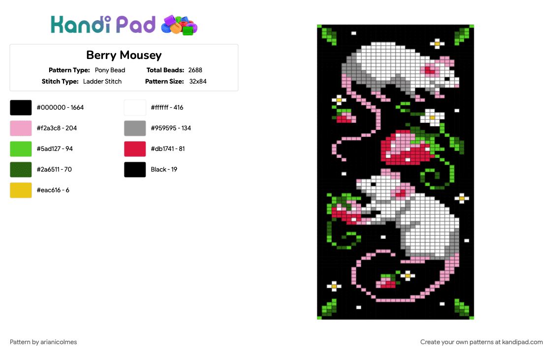 Berry Mousey - Pony Bead Pattern by arianicolmes on Kandi Pad - black, gray, green, pink