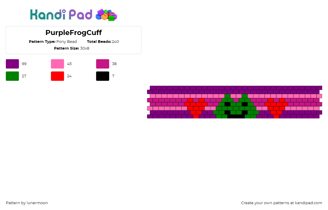 PurpleFrogCuff - Pony Bead Pattern by lunermoon on Kandi Pad - frog,hearts,love,cute,cuff,stipe,pink,purple,green