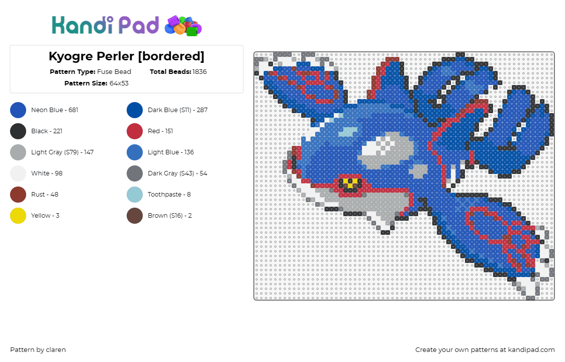 Kyogre Perler [bordered] - Fuse Bead Pattern by claren on Kandi Pad - kyogre,pokemon,character,gaming,blue,white